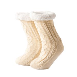 Zachte Textino huissokken in Bone White kleur, one size, met warm winters design.